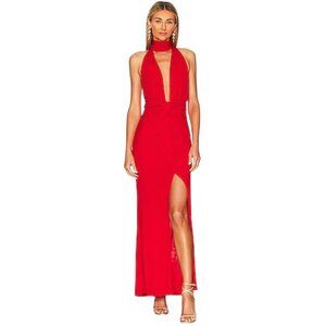 Alice + Olivia Reese New Ruby Red Gown – Size 6 – Deep V, Scarf Neck, Slit, Form